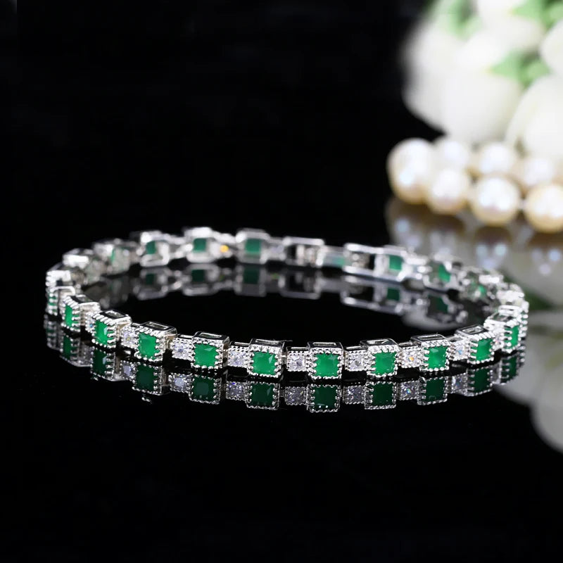 Shiny White Gold Plated Square Cubic Zirconia Crystal Multi Color CZ Tennis Bracelets Bangle Jewelry Gift with a Safety Clasp-4